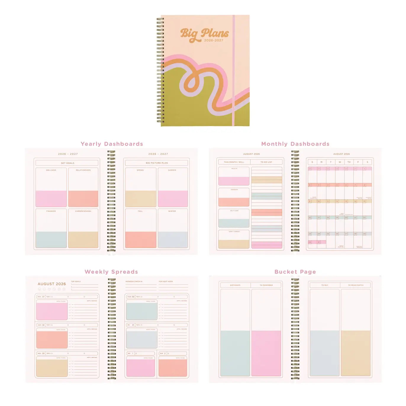 A look at the Yearly Dashboards, Monthly Dashboards, Weekly Spreads, and Bucket Pages in the Loop De Loop 2026-2027 Dated Academic Planner - Talking Out of Turn.