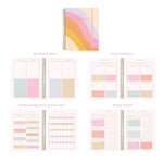 The Rainbow Wave Large Undated Perpetual Planner, displayed above four of the inside spreads.