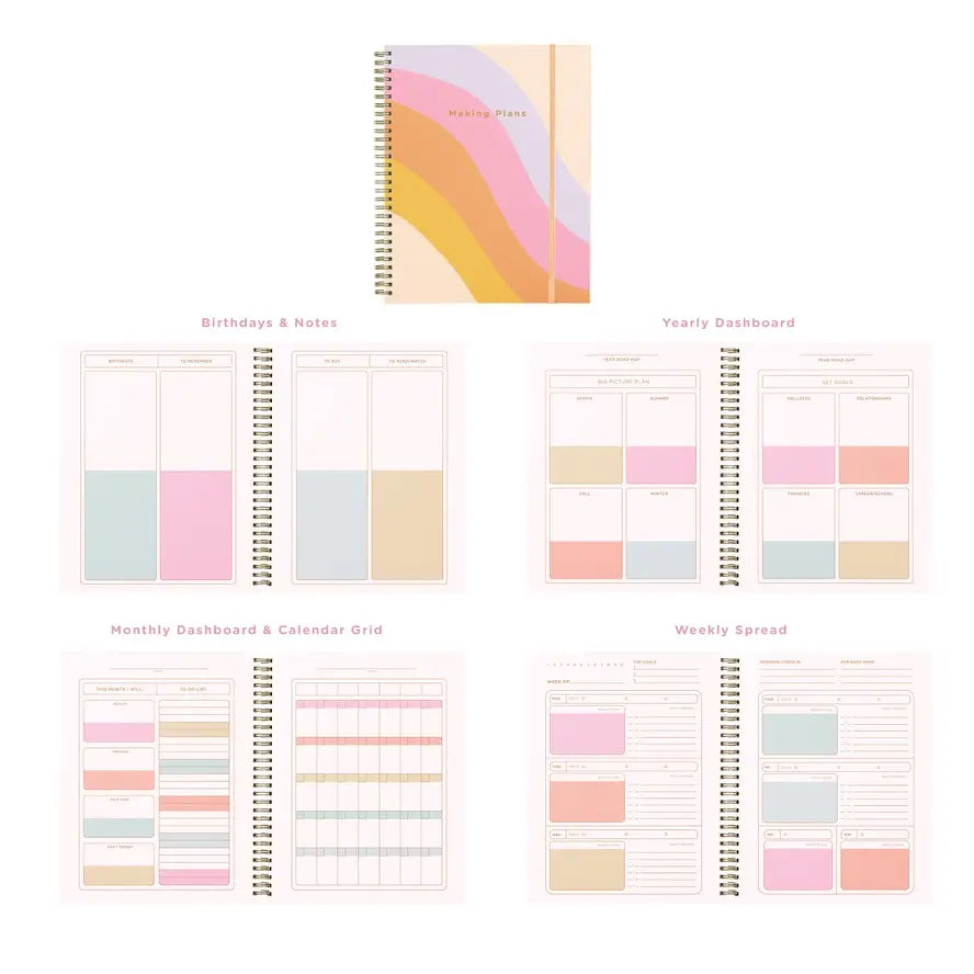 The Rainbow Wave Large Undated Perpetual Planner, displayed above four of the inside spreads.