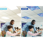 A before and after side by side comparison of a classroom without the Calming Covers Deep Space Ceiling Light Filters and with.