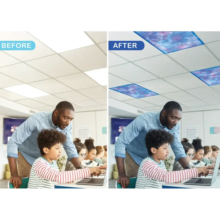 A before and after side by side comparison of a classroom without the Calming Covers Deep Space Ceiling Light Filters and with.