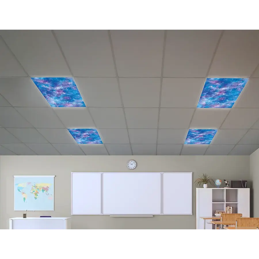 A classroom ceiling with four Calming Covers Deep Space Ceiling Light Filters.