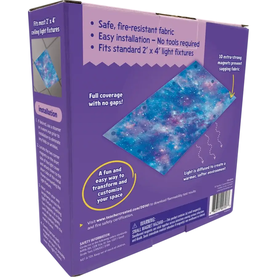 The back of the product box for the Calming Covers Deep Space Ceiling Light Filters.
