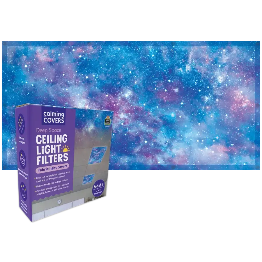 The product box for Calming Covers Deep Space Ceiling Light Filters in front of the light filter.