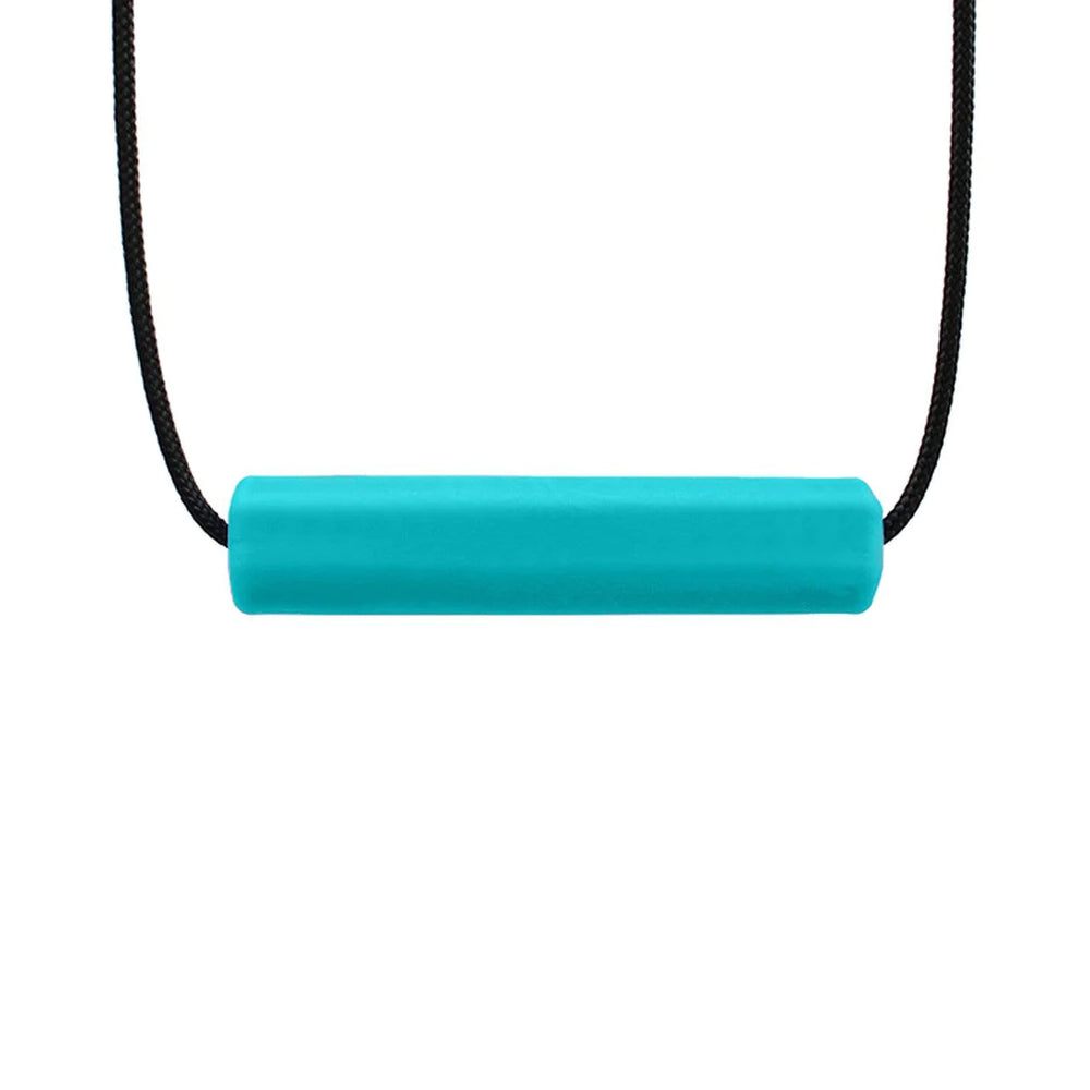 The teal Krypto-Bite Chewable Tube Necklace.