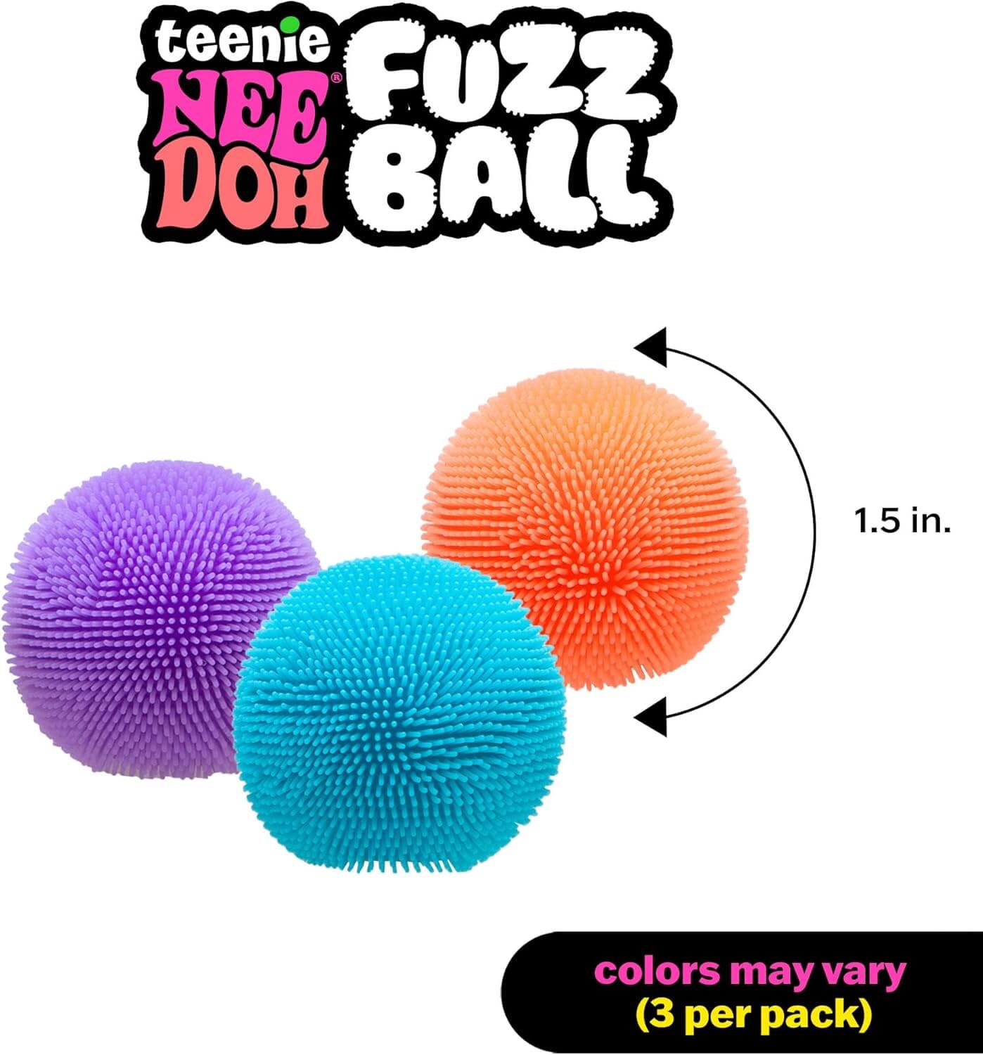 An infographic demonstrates the 1.5" diameter of the Teenie Nee Doh Fuzz Balls.