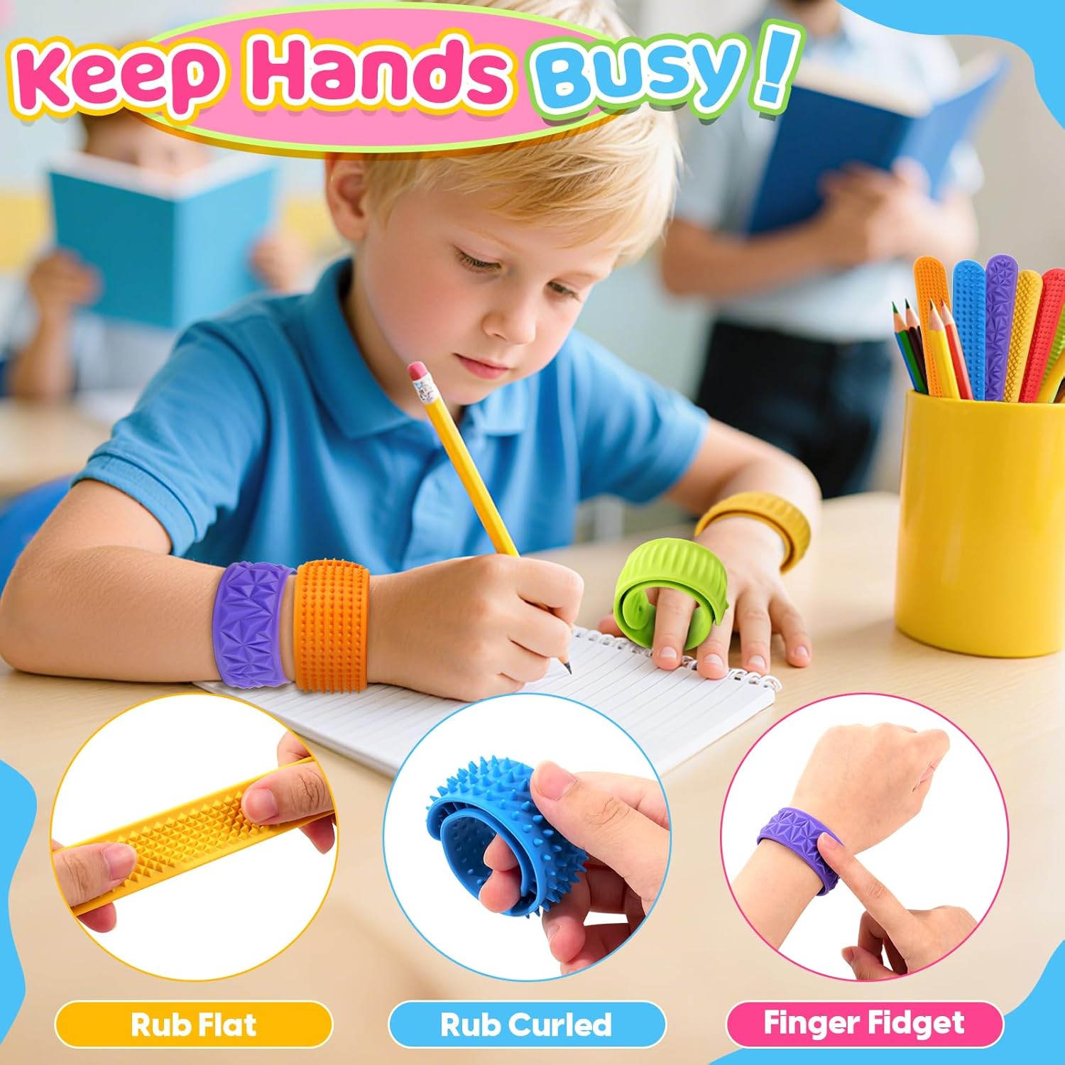 A child wears three Textured Silicone Sensory Slap Bracelets and holds one on a finger while they write something on a pad of paper during class.