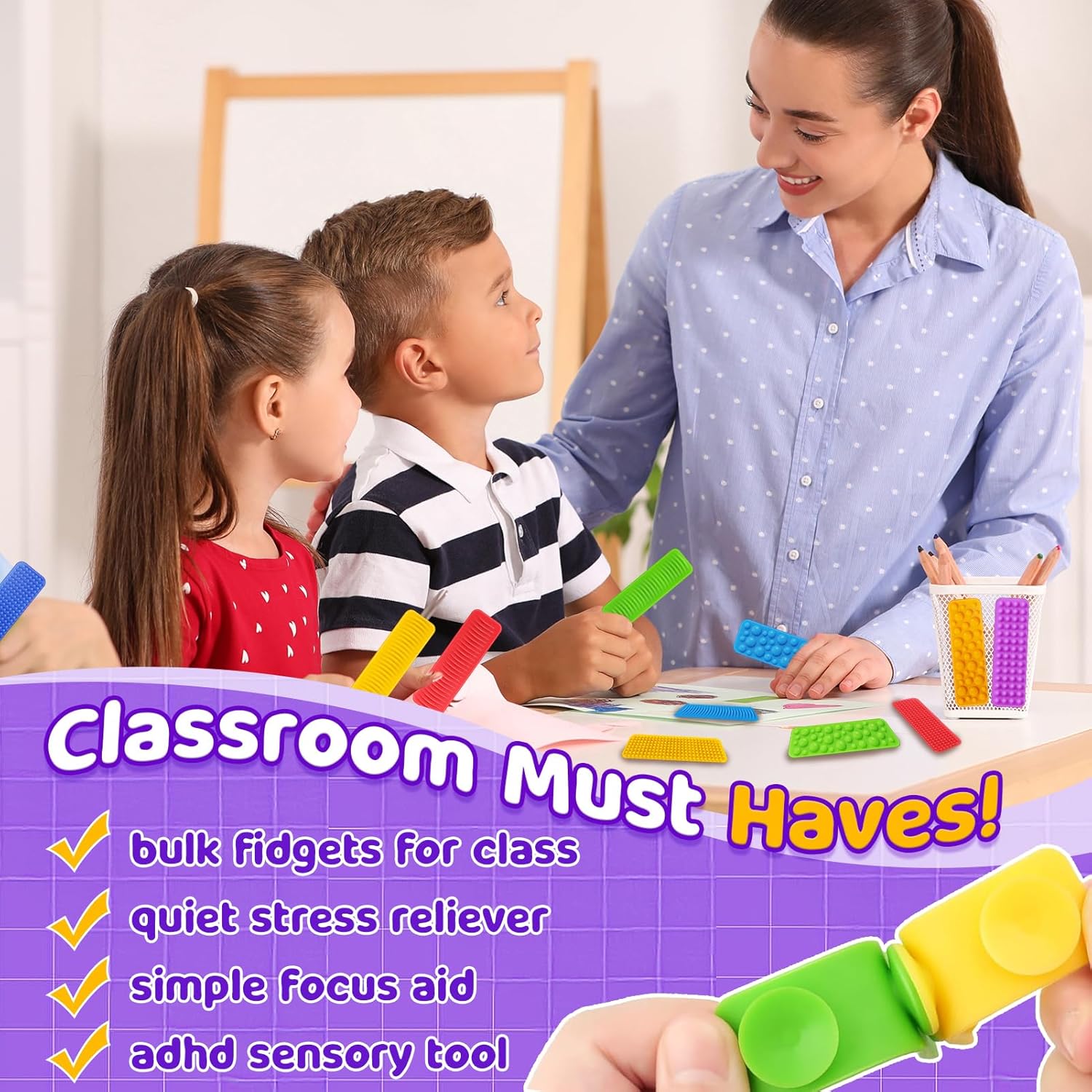 An infographic describing the Textured Suction Toy as a Classroom Must Have.