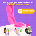 An infographic demonstrating the suction cup on the bottom of the toy.