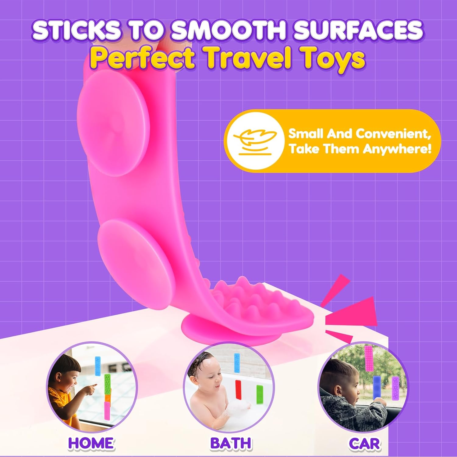 An infographic demonstrating the suction cup on the bottom of the toy.