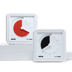 The red and black Time Timer Braille 8" both sit at different heights.