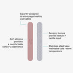 An infographic showing the features of the Blush and Pewter Tongue Depressor Set.