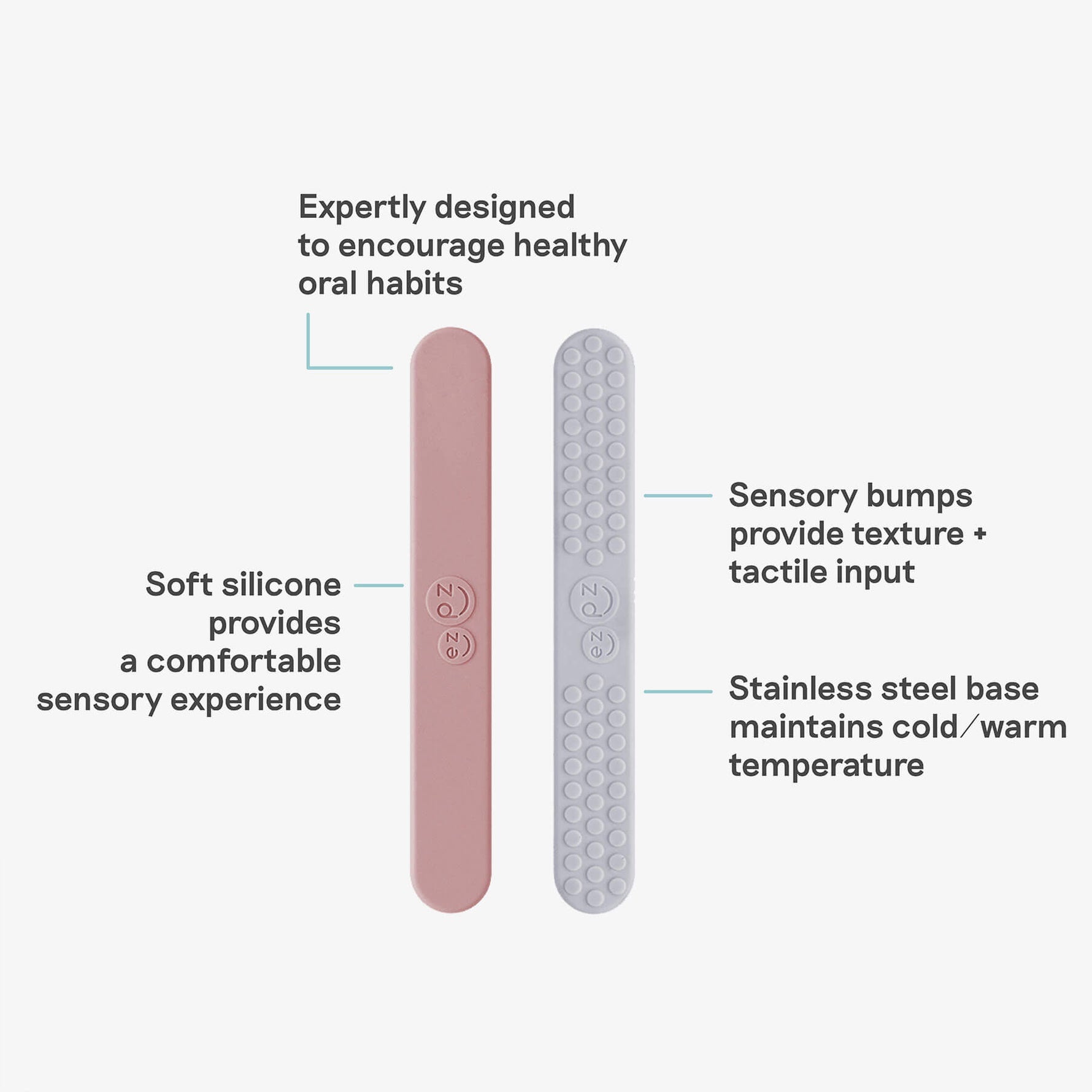 An infographic showing the features of the Blush and Pewter Tongue Depressor Set.