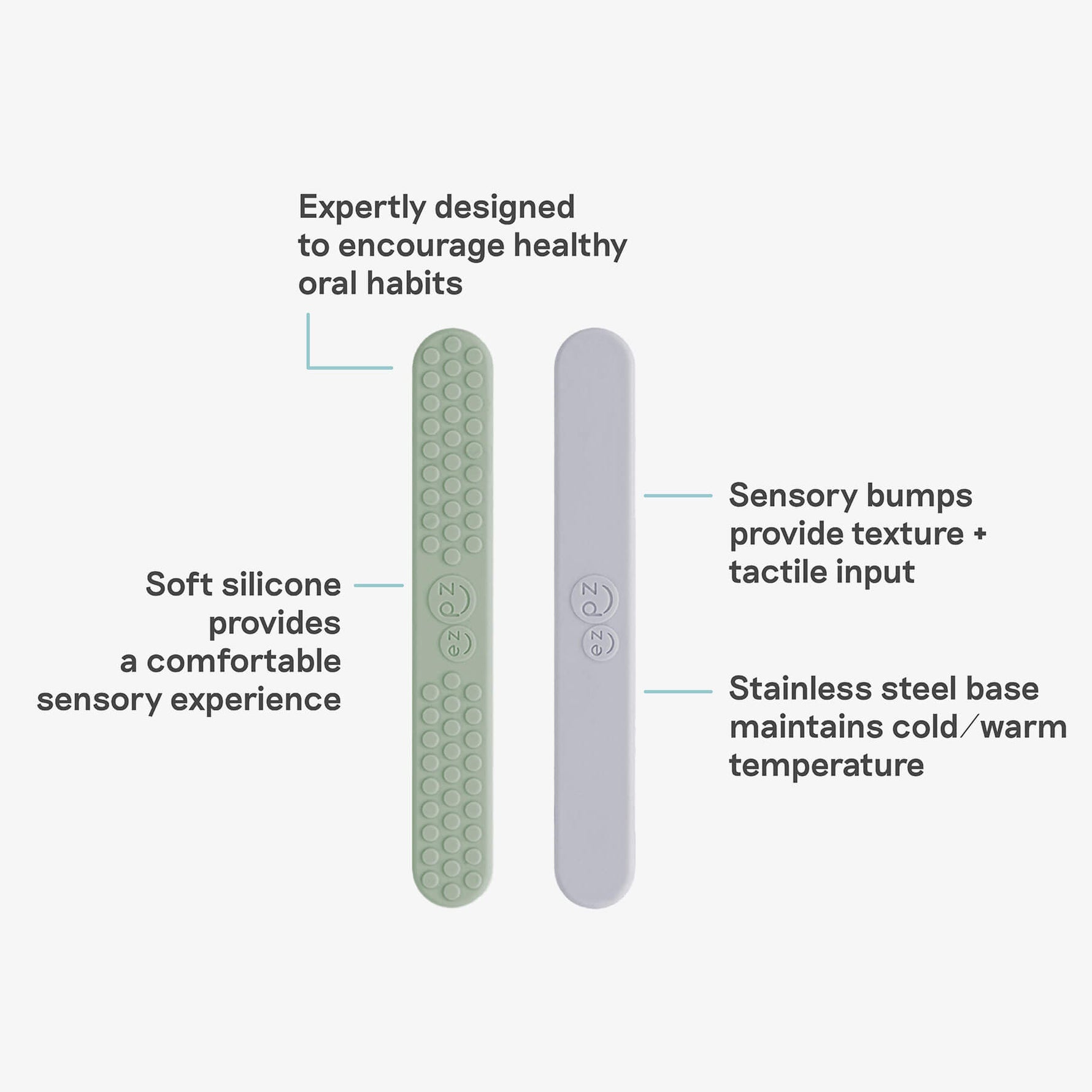 An infographic showing the benefits of the Tongue Depressor Set in Sage and Pewter.