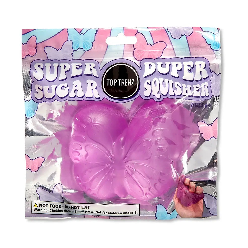The pink  Super Duper Sugar Squisher Butterfly in its product package.