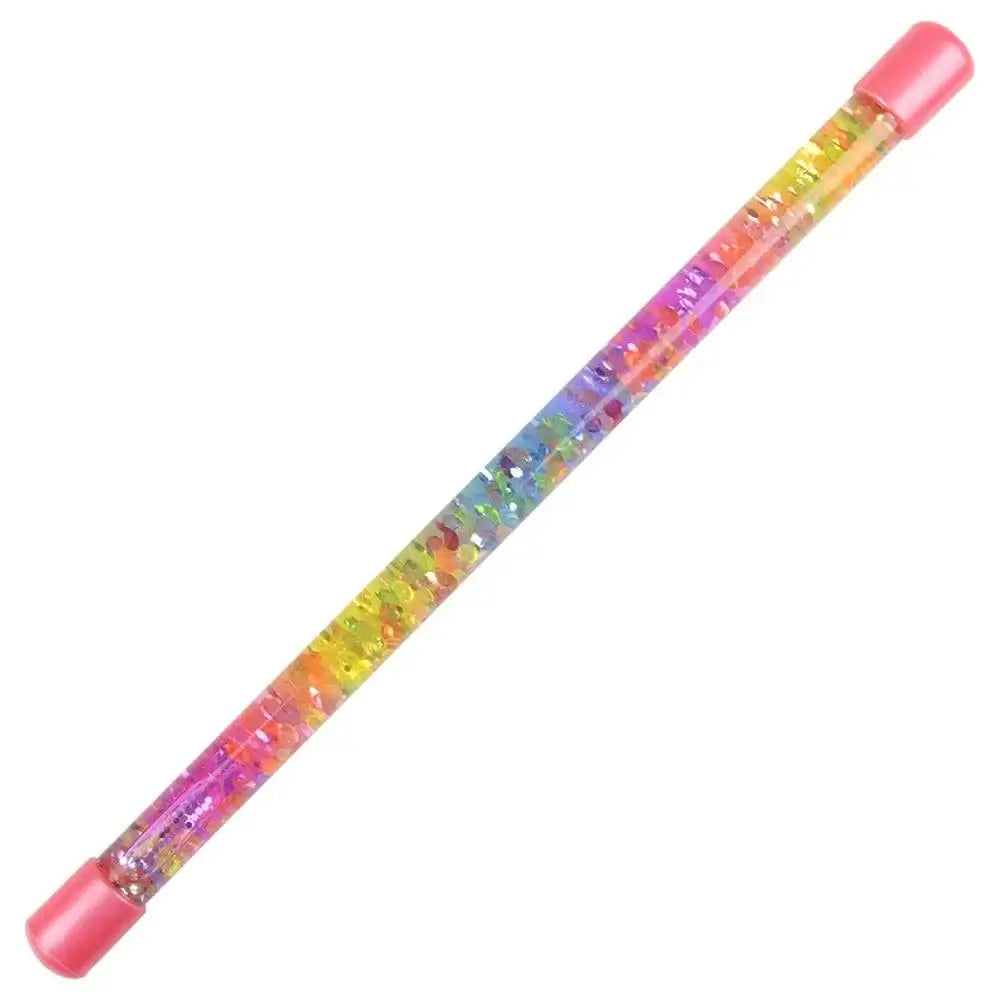 A pink Glitter Water Baton with a rainbow body.