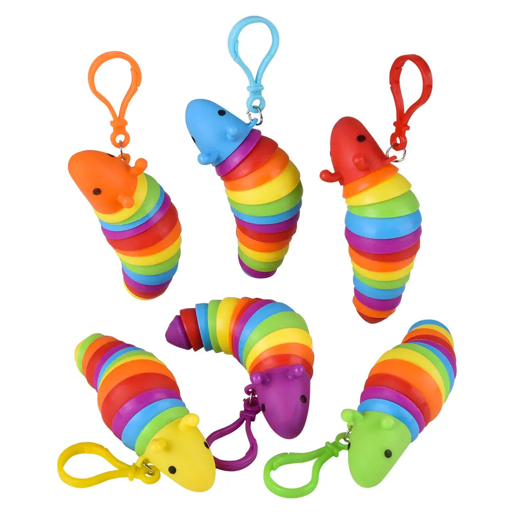 Six different colors of the 3.75" Sensory Wiggle Caterpillar Clip On.