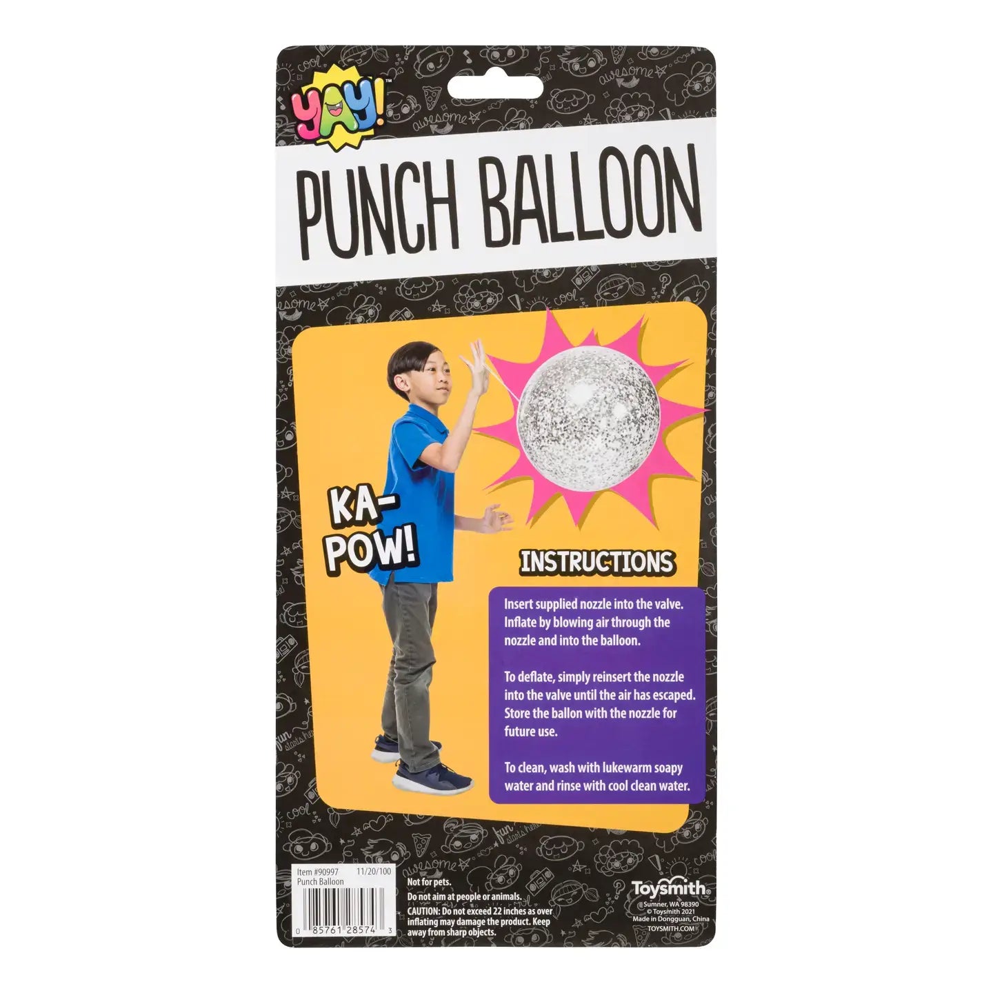 The back of the product package for the YAY! Punch Balloon.