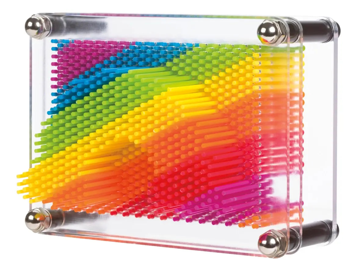 A clear plastic case with a rainbow stripe of pins threaded through it.