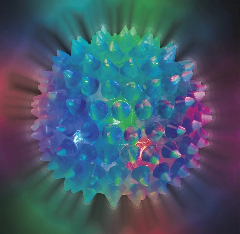 A Spiky Light Up Bouncy Ball flashing rainbow colors.