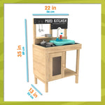 The product dimensions for the TP Toys Splash and Play Early Fun Wooden and Kitchen Play Set.