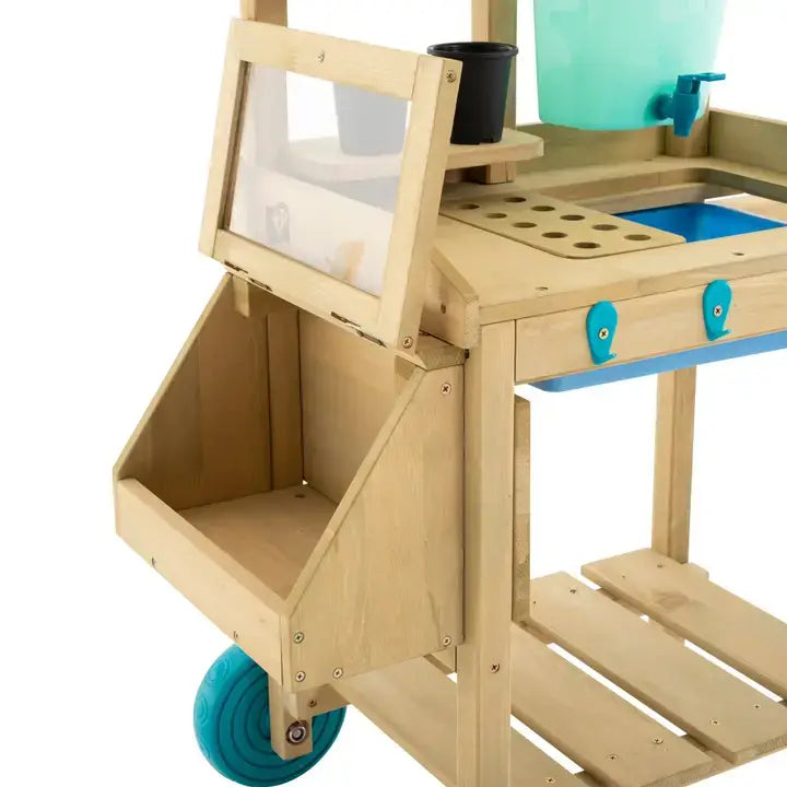 A close-up of the TP Toys Wooden Explore Potting Bench Outdoor Playset.