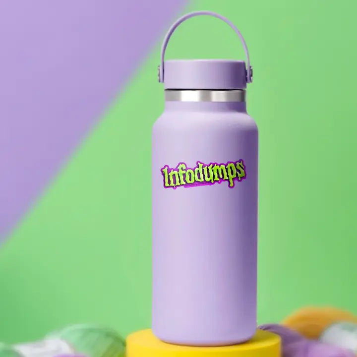 The "Infodumps" sticker on a purple water bottle.