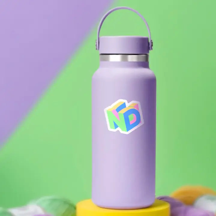The Neurodivergent 64 sticker on a purple water bottle.