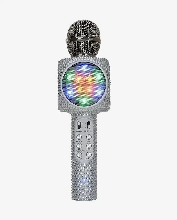 The Silver Bling Karaoke Mic & Bluetooth Speaker with lit up LED lights.