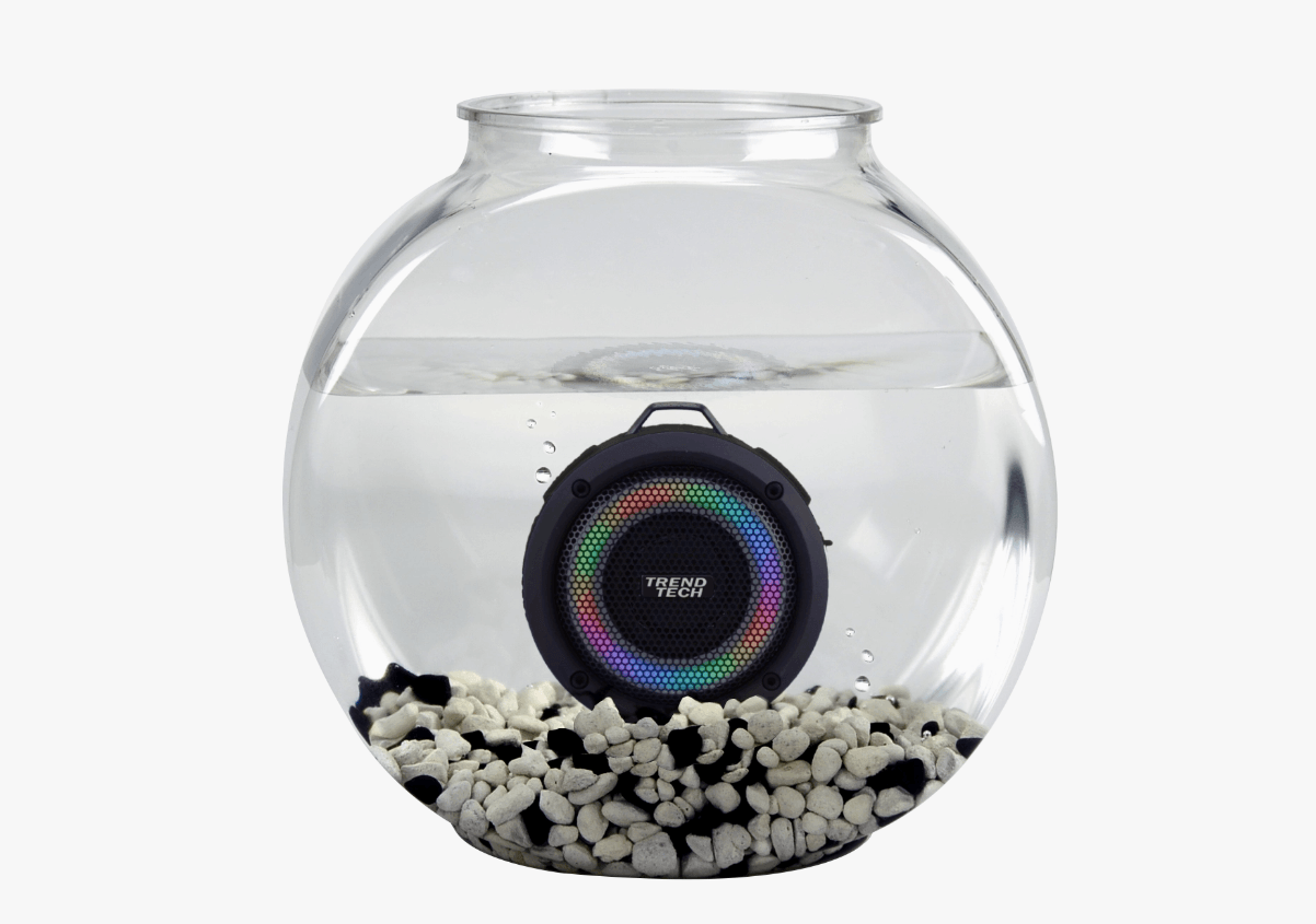 The Black Aqua Beats Waterproof Bluetooth Speaker submerged in a fish tank.