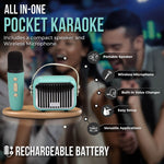 An infographic with features included in the  Pocket Karaoke Microphone & Speaker Combo Teal Bluetooth Set.