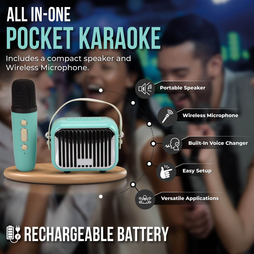 An infographic with features included in the  Pocket Karaoke Microphone & Speaker Combo Teal Bluetooth Set.