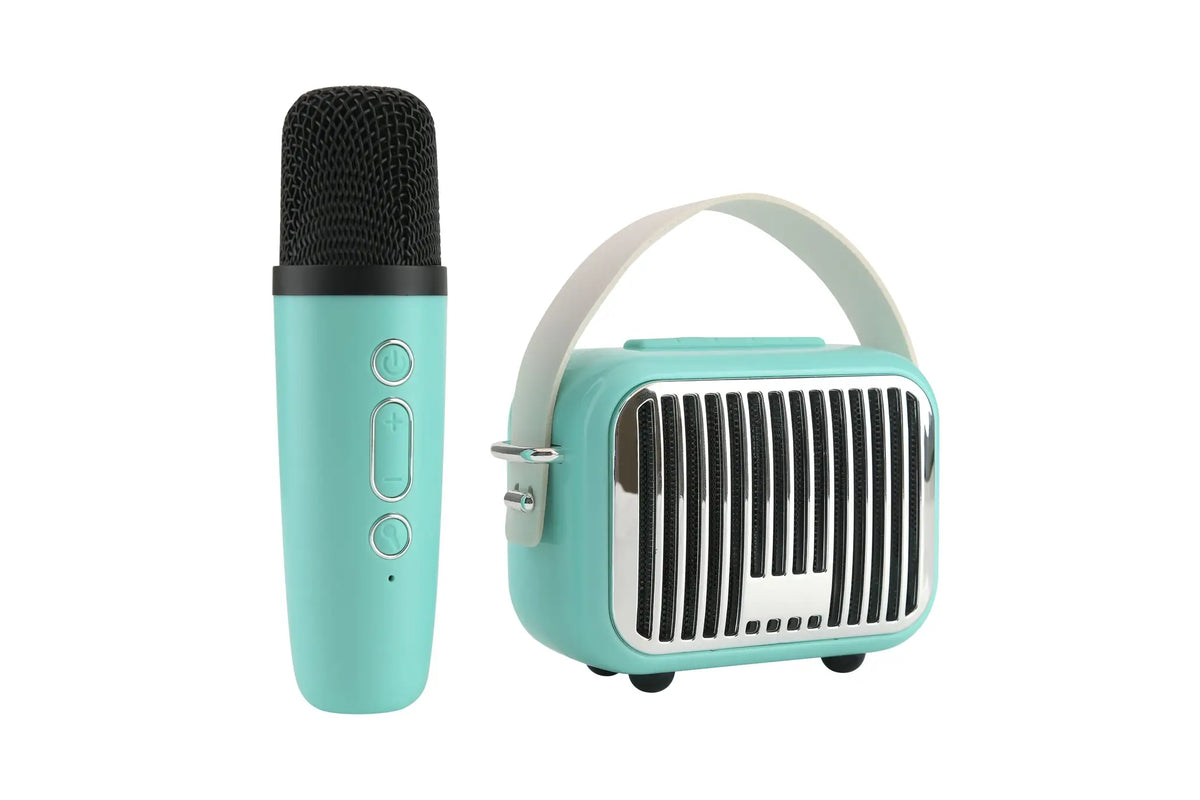 A side profile of The Pocket Karaoke Microphone & Speaker Combo Teal Bluetooth Set.