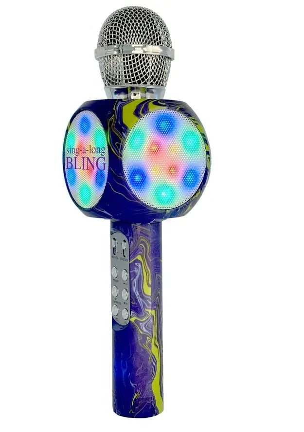 The Purple Swirl Karaoke Mic & Bluetooth Speaker with its LED lights glowing.