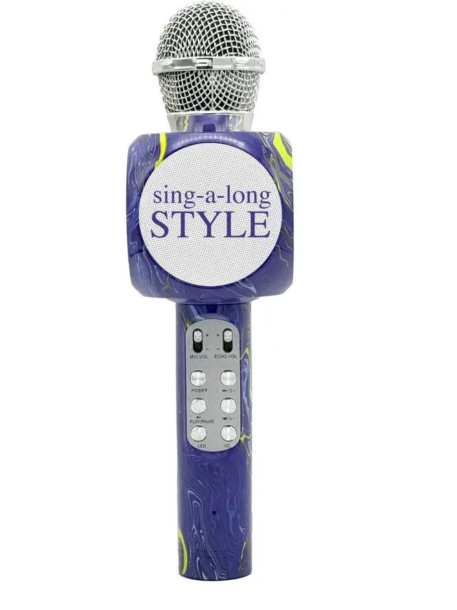 A purple microphone with a yellow swirl and a large LED box above a bed of function buttons.