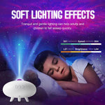 An infographic showing a child sleeping while the UFO Nebula Projector dazzles their ceiling with pink light.