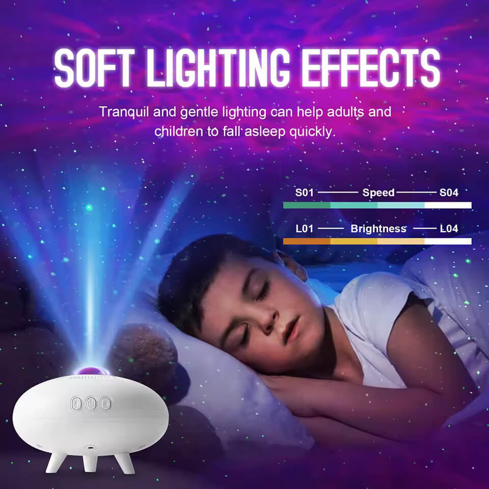 An infographic showing a child sleeping while the UFO Nebula Projector dazzles their ceiling with pink light.