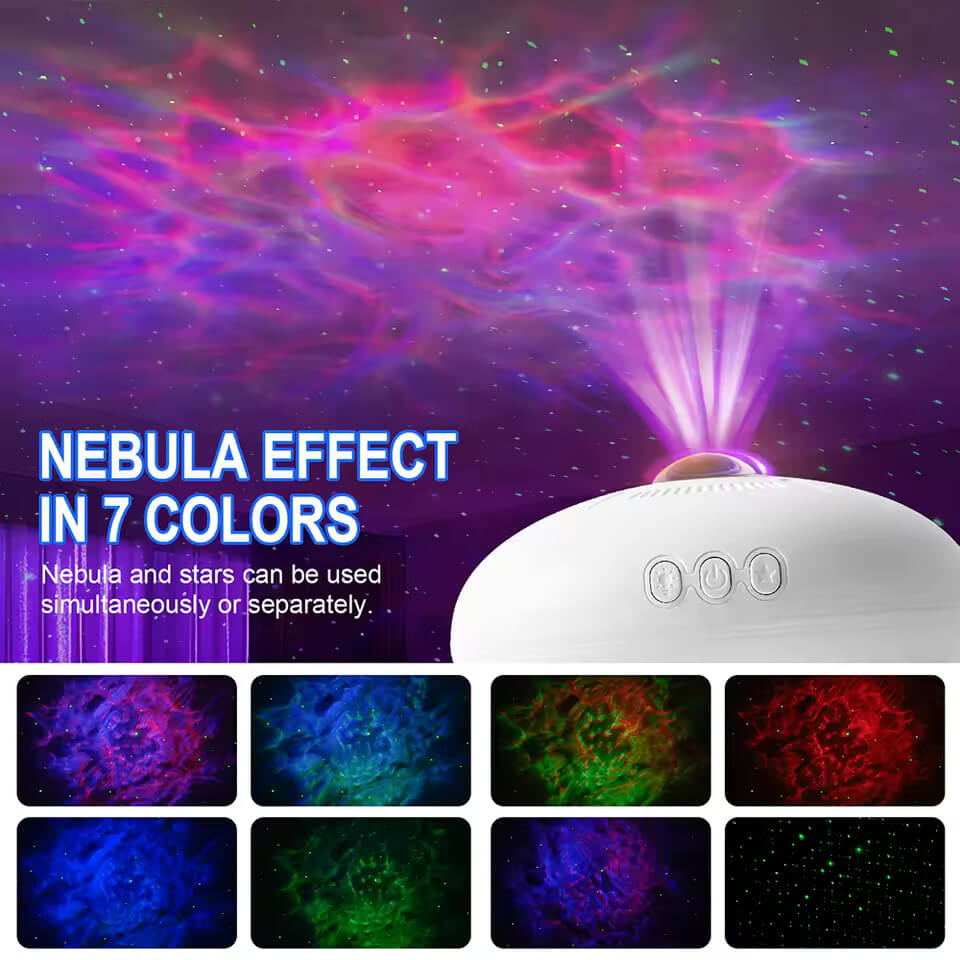 An infographic showing the 7 different colors of nebula effect on the projector.