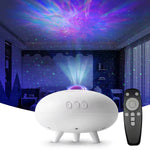 The UFO Nebula Projector sits next to its remote control in a room flooded with aural light. 