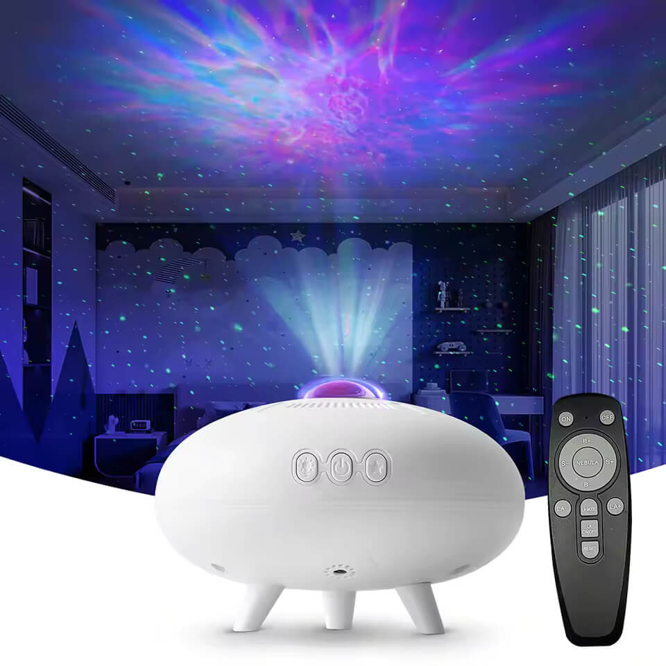 The UFO Nebula Projector sits next to its remote control in a room flooded with aural light. 