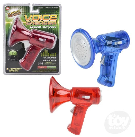 The product package for the Voice Changer next to both colors of the toy.