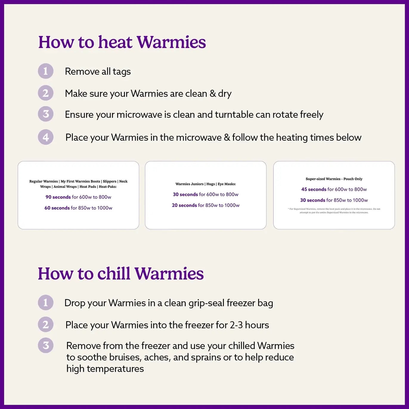 A direction guide for how to heat Warmies.
