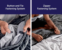 An infographic showing the button and tie fastening system on the Gravity Weighted Blanket (35 lbs).