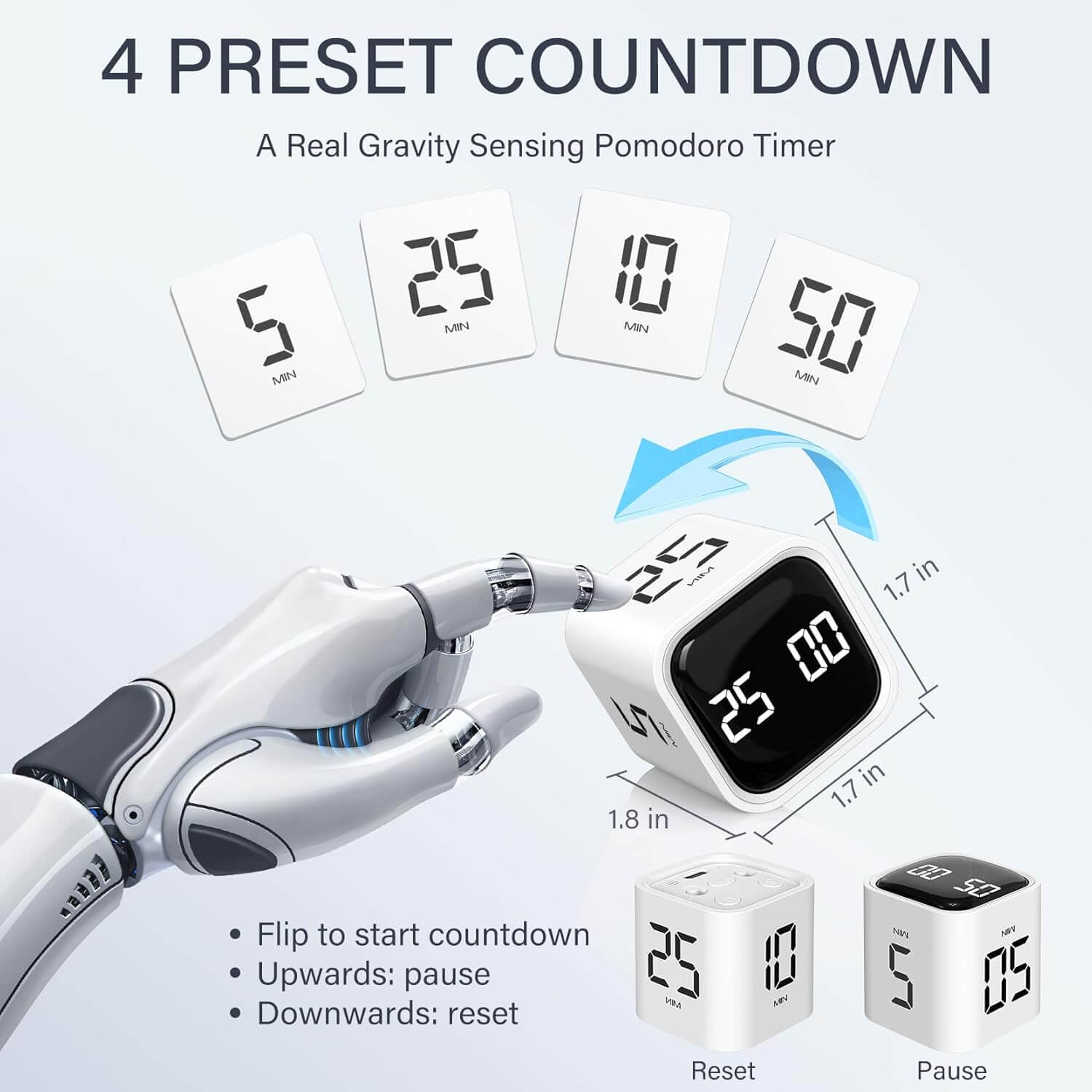 An infographic shows the Preset countdowns on the Gravity Cube Flipping Digital Timer.
