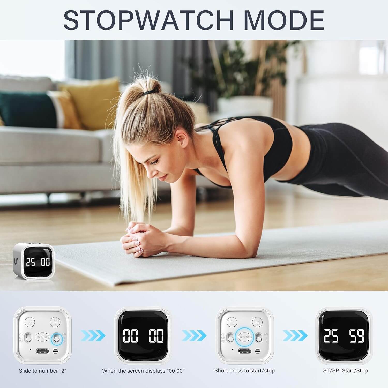 An infographic illustrates how to use the Stopwatch Mode on the Gravity Cube Flipping Digital Timer.