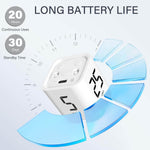 An infographic demonstrating the long battery life of the Gravity Cube Flipping Digital Timer.