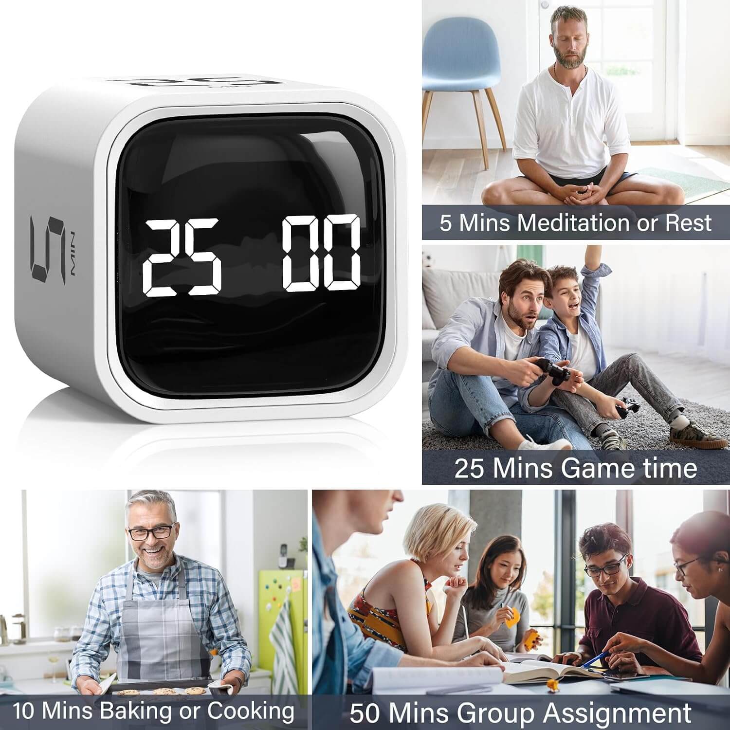An infographic showing different ways to use the Gravity Cube Flipping Digital Timer.