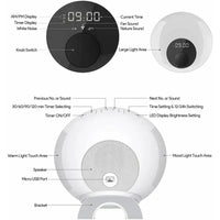 An infographic depicting the control buttons for the White Noise Lamp with Clock.