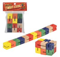 The product package for the Wooden Fidget Puzzle is in the top left of the frame, and in the middle of the frame is the puzzle pulled into a straight line. The bottom right has the toy boxed into a rectangle.