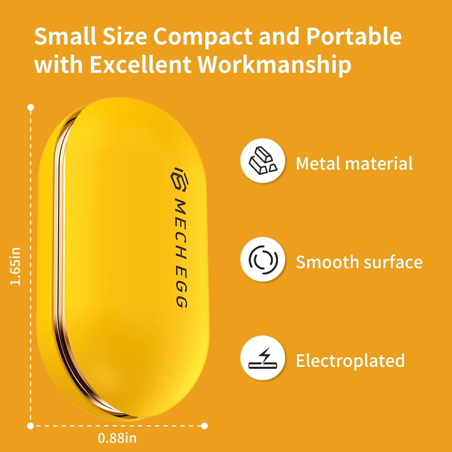 An infographic with the dimensions of the yellow Mech Egg Mechanical Fidget Slider.